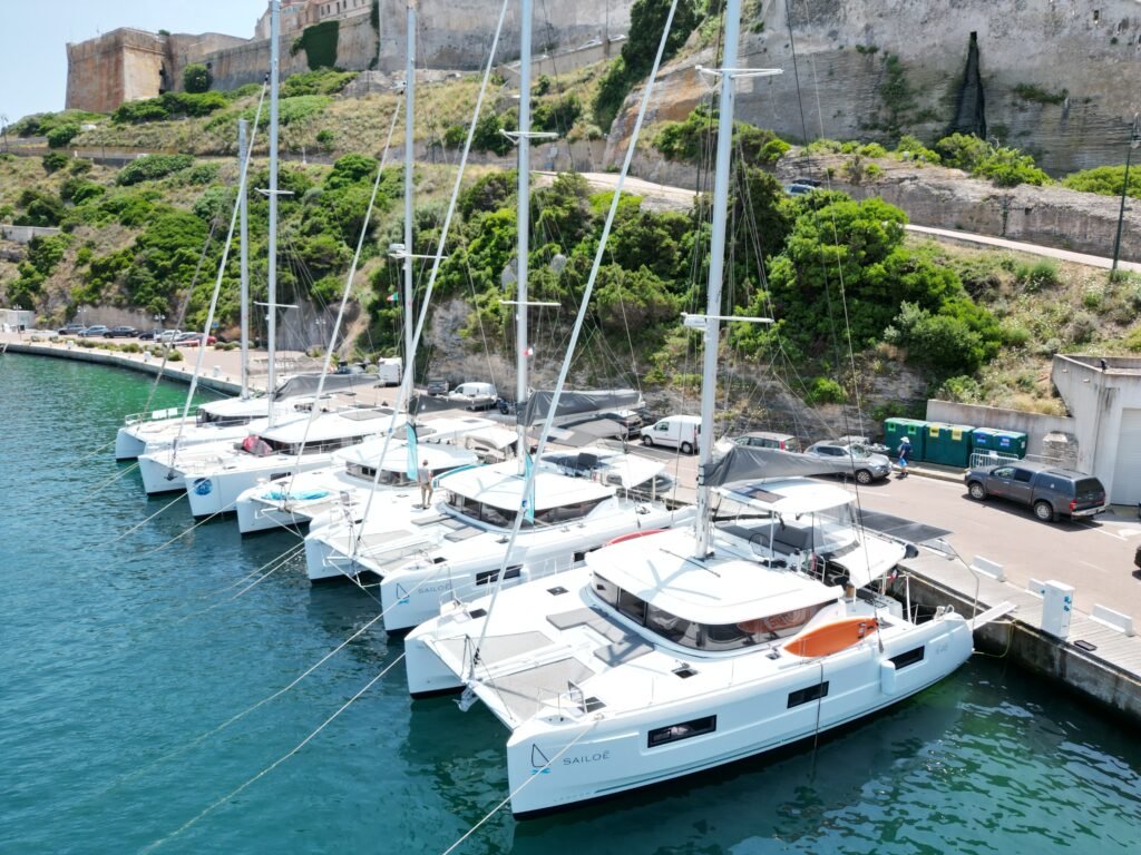 Catamarans de la flotte Isula-sail amarrés le long du quai sous la citadelle de Bonifacio